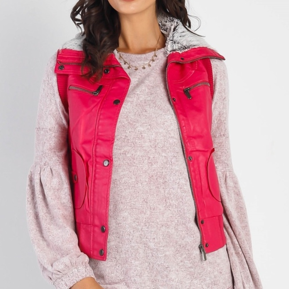 Fur lined  fuchsia  vegan leather  vest